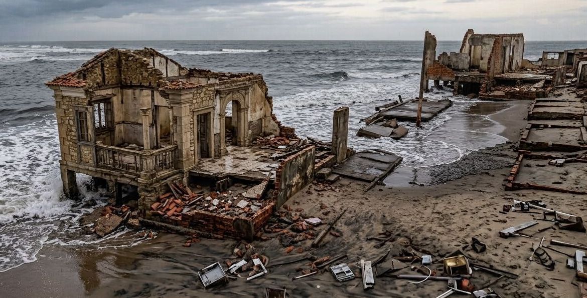 Atlântida brasileira: a praia que vem sendo engolida pelo mar e que perde 5 metros de terreno todos os anos, onde as casas se tornam ruínas na areia