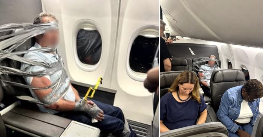 Passageiro e preso a assento com fita adesiva e abracadeiras apos insultos racistas e homofobicos em voo nos EUA Passageiro e preso a assento com fita adesiva e abracadeiras apos insultos racistas e homofobicos em voo nos EUA